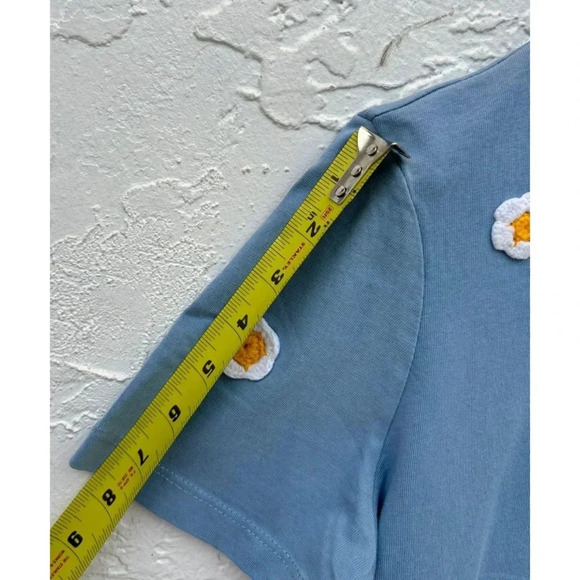 Zara Womens Short Sleeve Crew Neck Embroidered Daisy Flowers T Shirt Blue Sz M - Picture 7 of 12